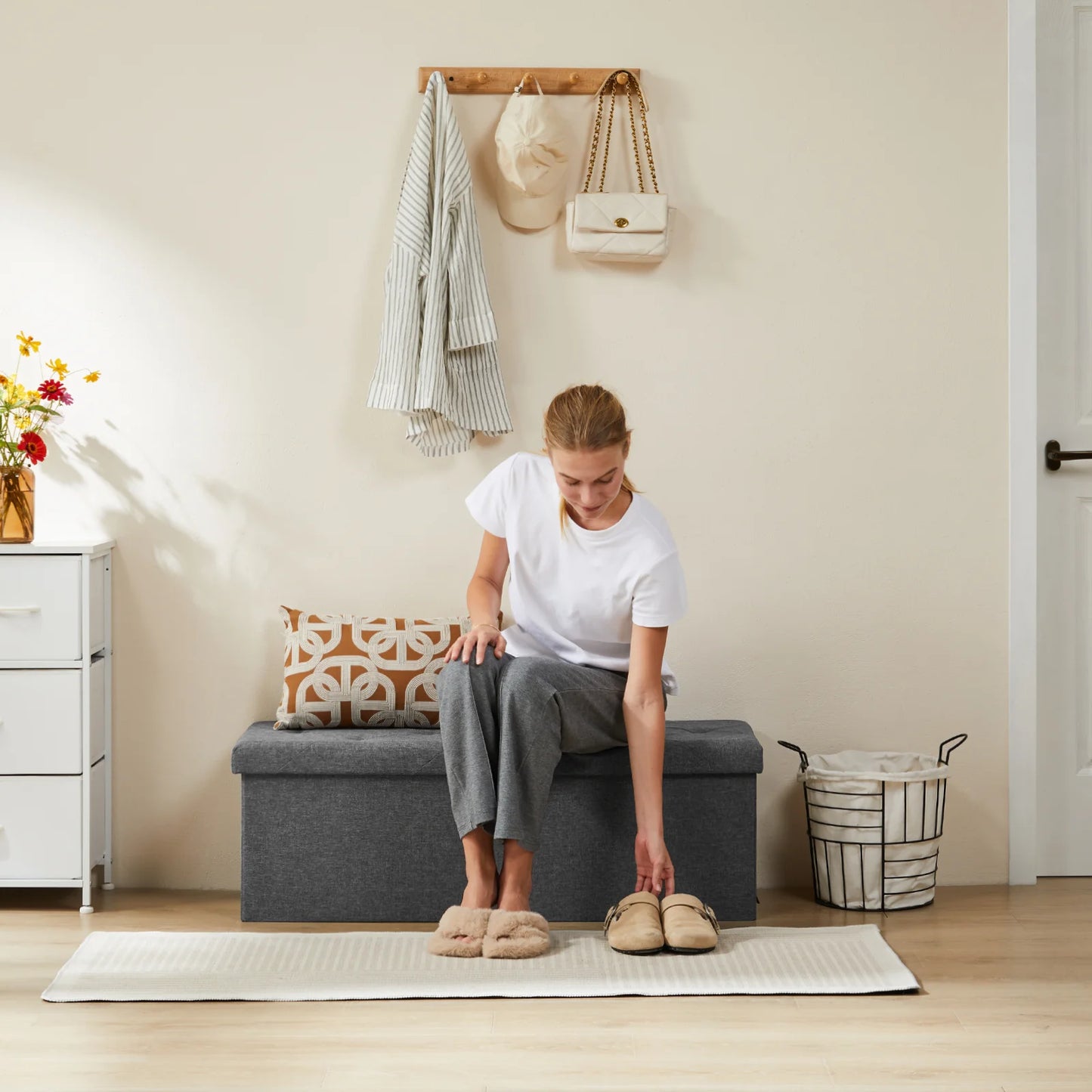 JHK Folding Storage Ottoman Bench With Hidden Toy Box