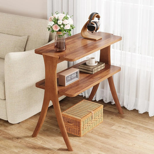 LITTLE TREE 2 Tier Side Table Living Room With Storage Shelf And Solid Wood Legs