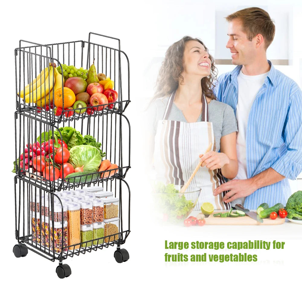 Stackable Kitchen Storage Cart 3 Tier Wheeled Fruit and Vegetable Organizer