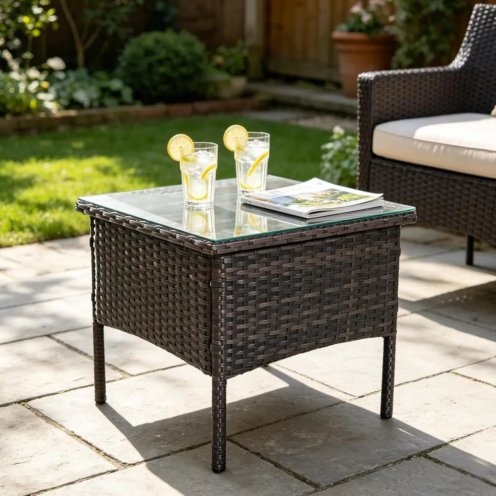 Outdoor Patio Rattan Side Table With Glass Top And Storage