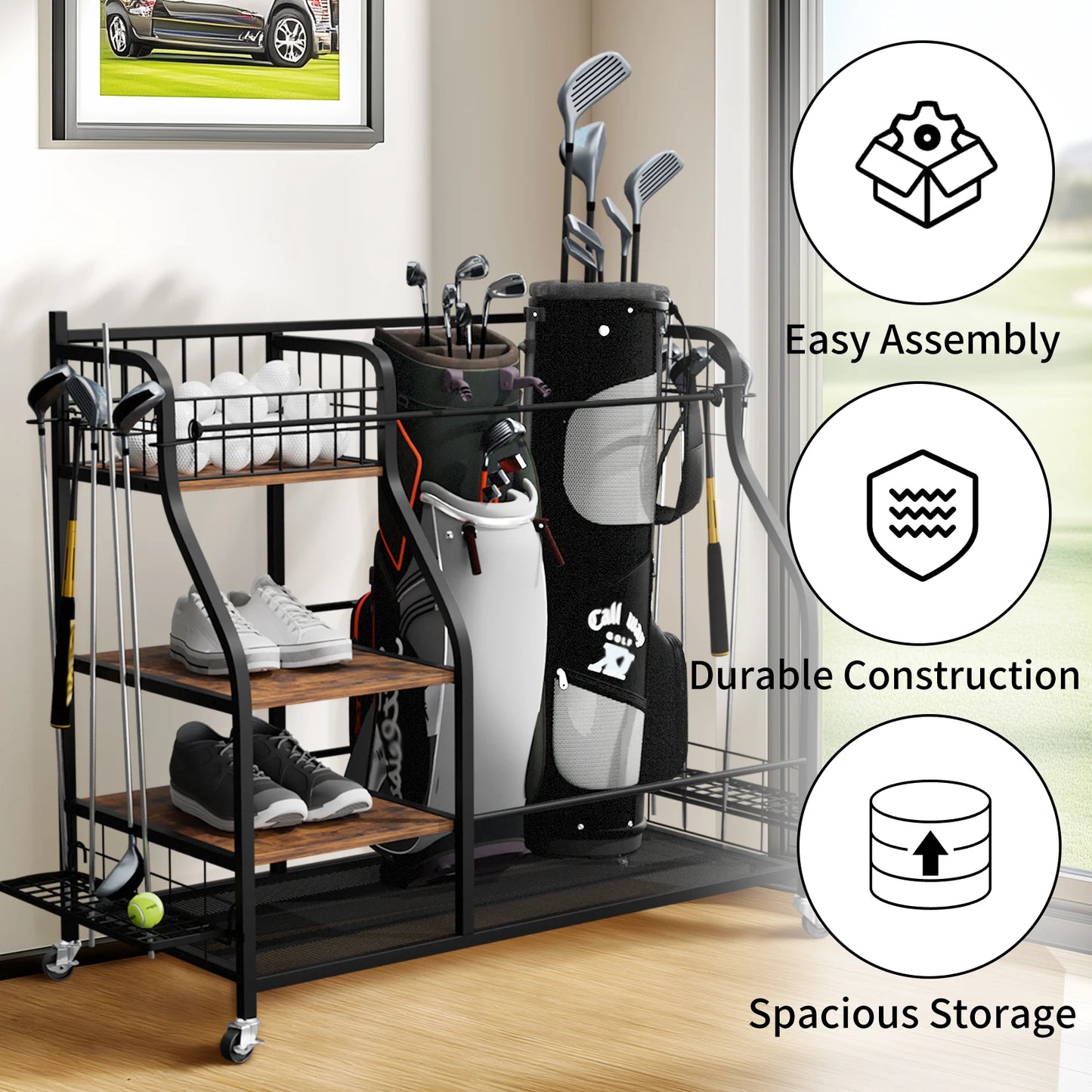 Metal Three Tier Golf Bag Storage Rack With Wheels