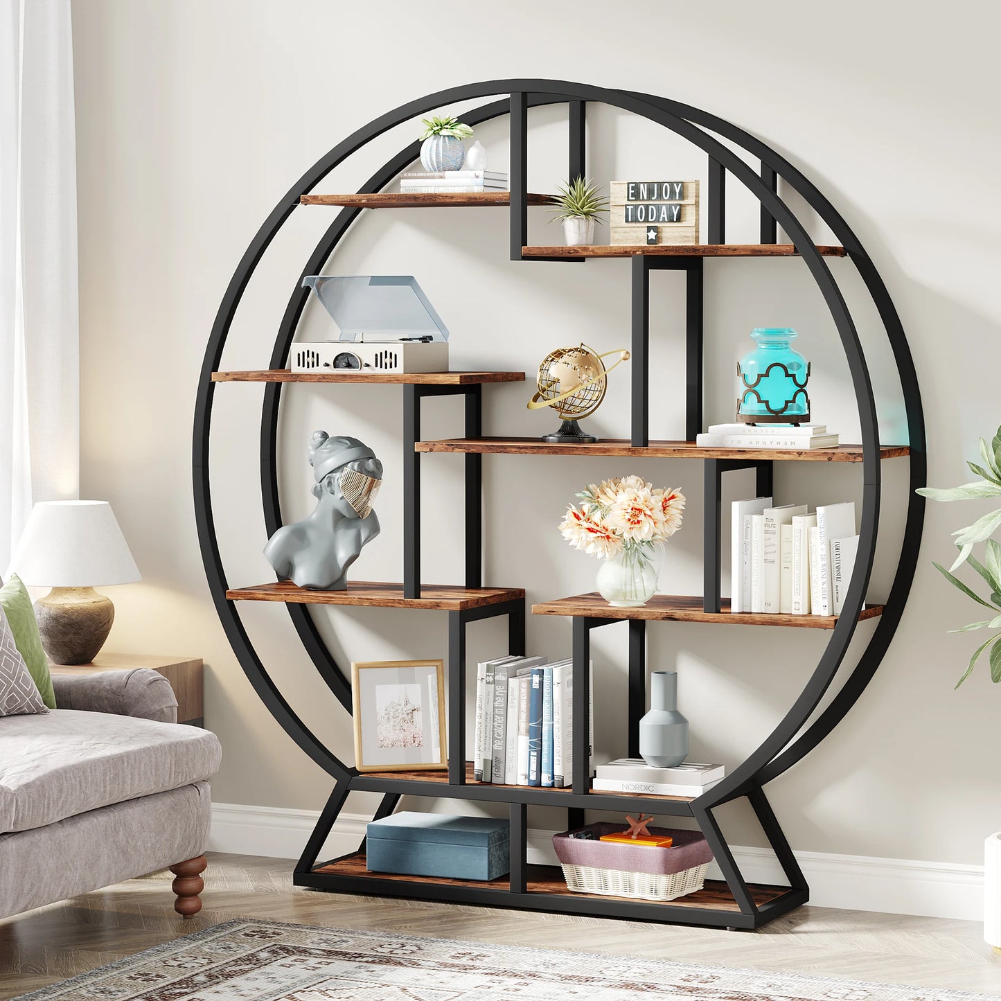 Tribesigns Round Bookshelf Etagere Bookcase With Staggered Shelves