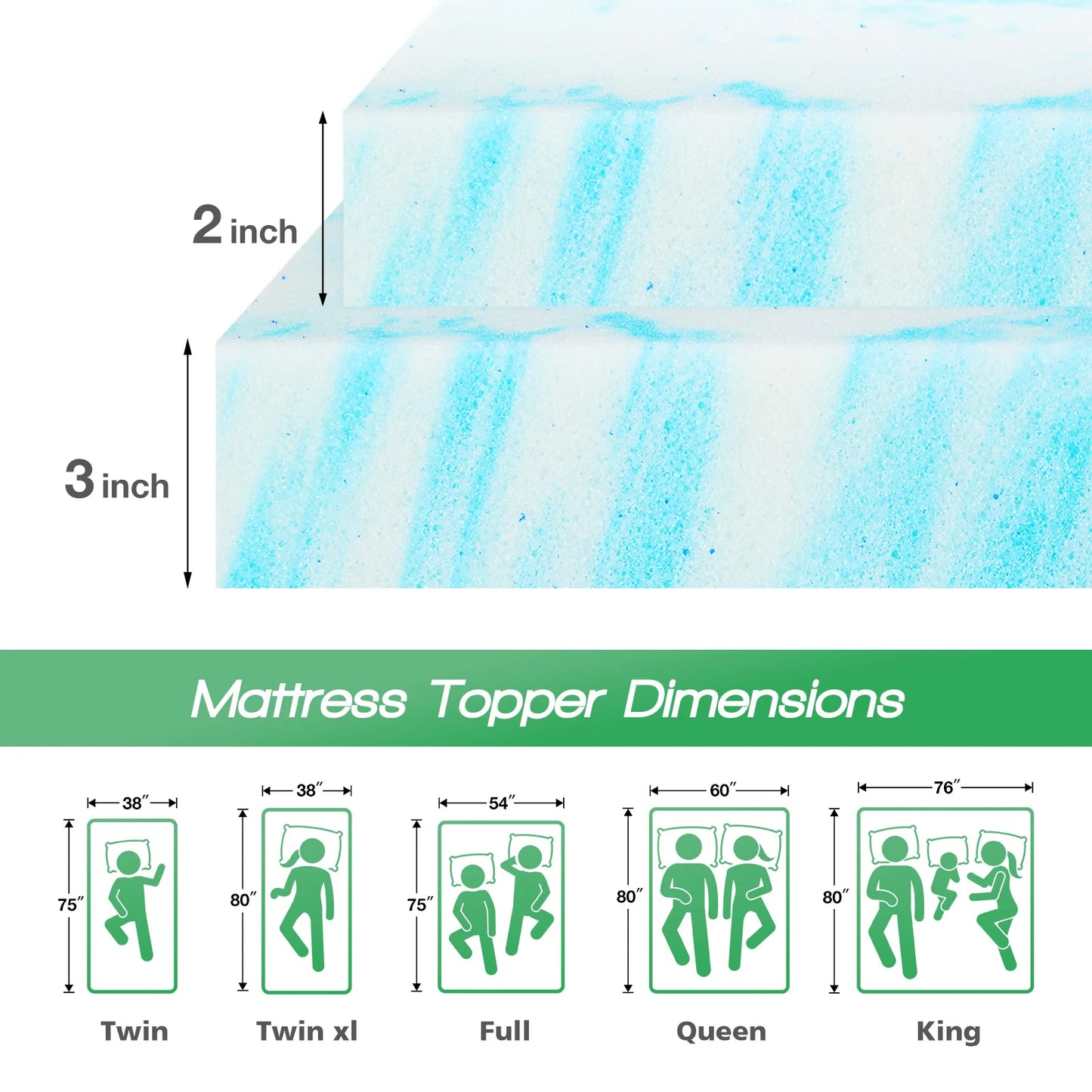 JHK Memory Foam Mattress Topper Gel Cooling Soft Breathable