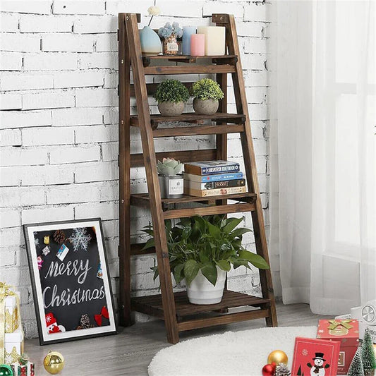 Folding Four Tier Ladder Shelf Wood Storage Rack Indoor