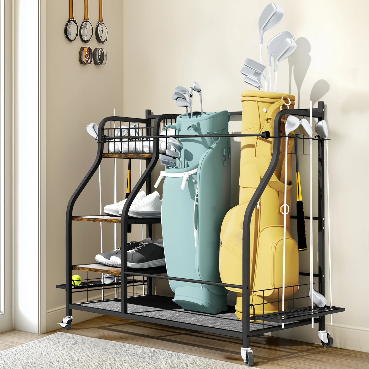 Metal Three Tier Golf Bag Storage Rack With Wheels