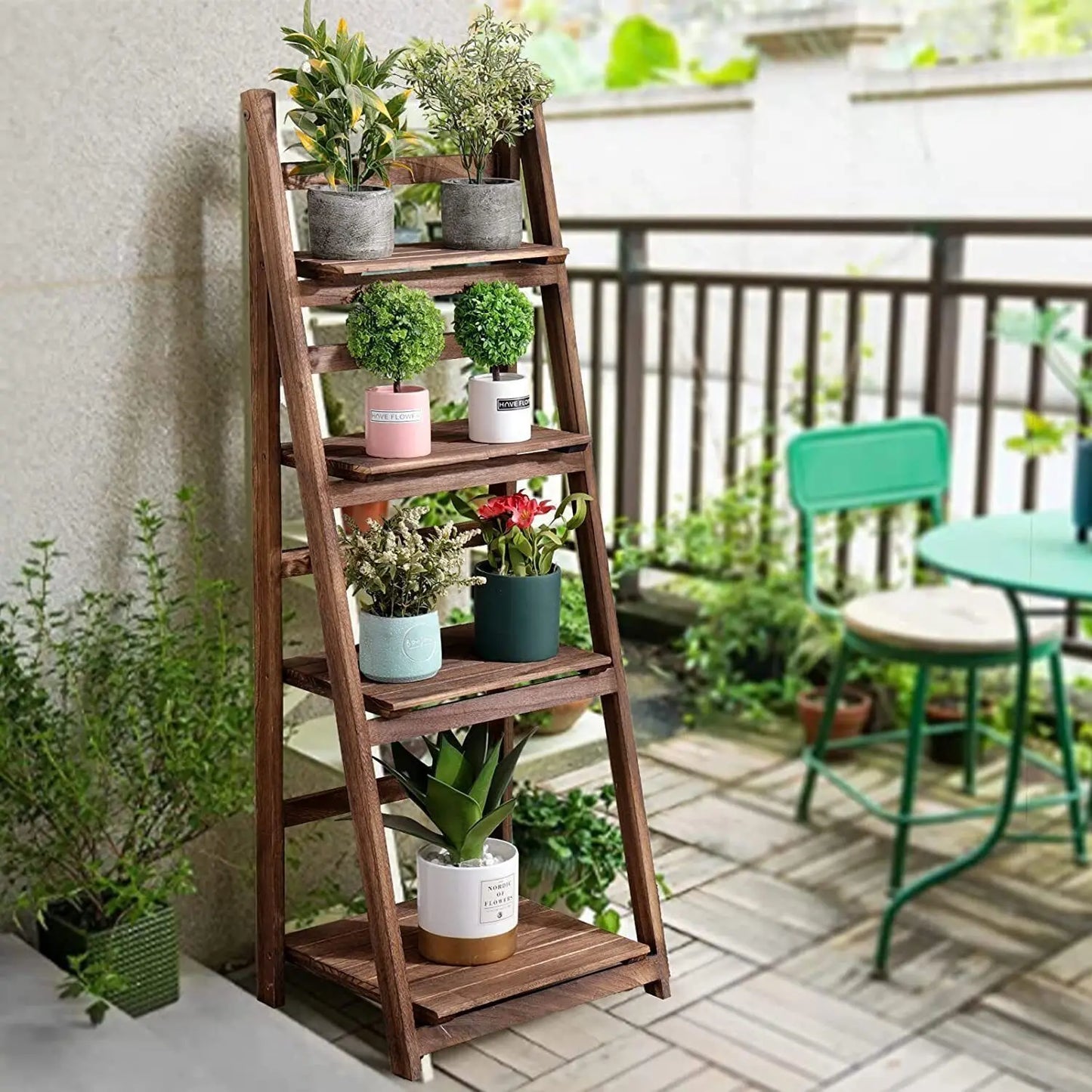 Folding Four Tier Ladder Shelf Wood Storage Rack Indoor