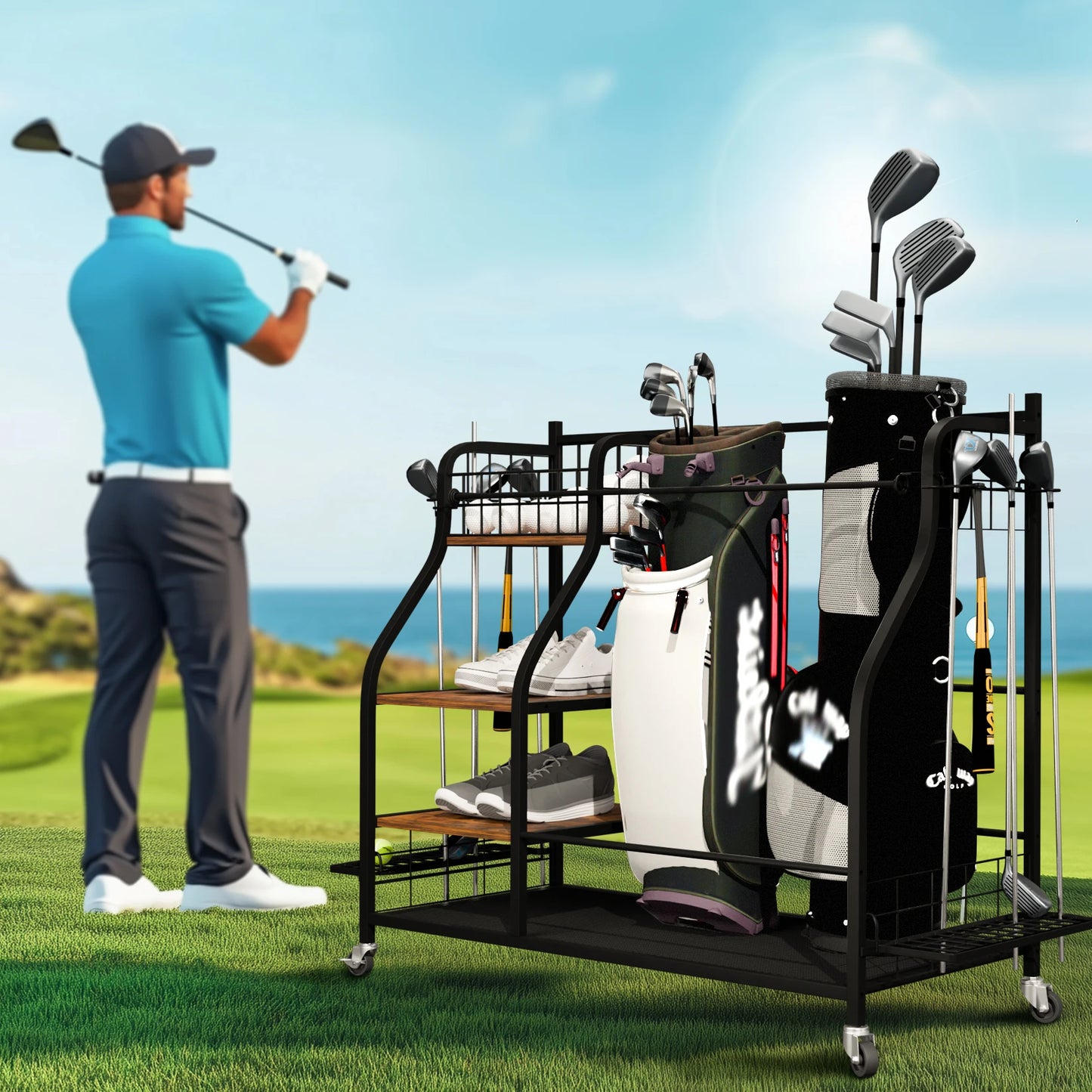 Metal Three Tier Golf Bag Storage Rack With Wheels