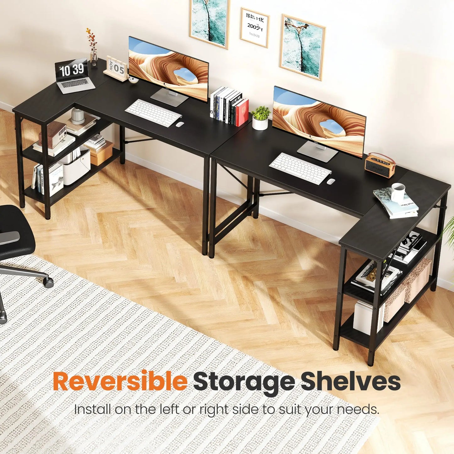 JHK L Shaped Desk Computer Desk With Reversible Storage Shelves