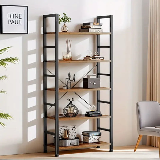 Five Tier Bookshelf Metal Frame Wood Storage Shelving Unit Office