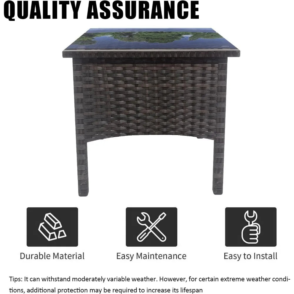 Outdoor Patio Rattan Side Table With Glass Top And Storage