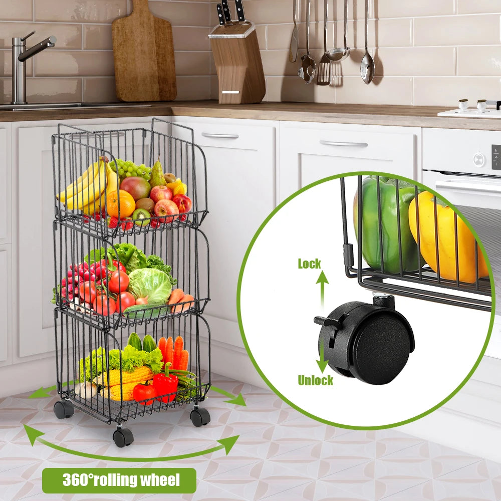 Stackable Kitchen Storage Cart 3 Tier Wheeled Fruit and Vegetable Organizer