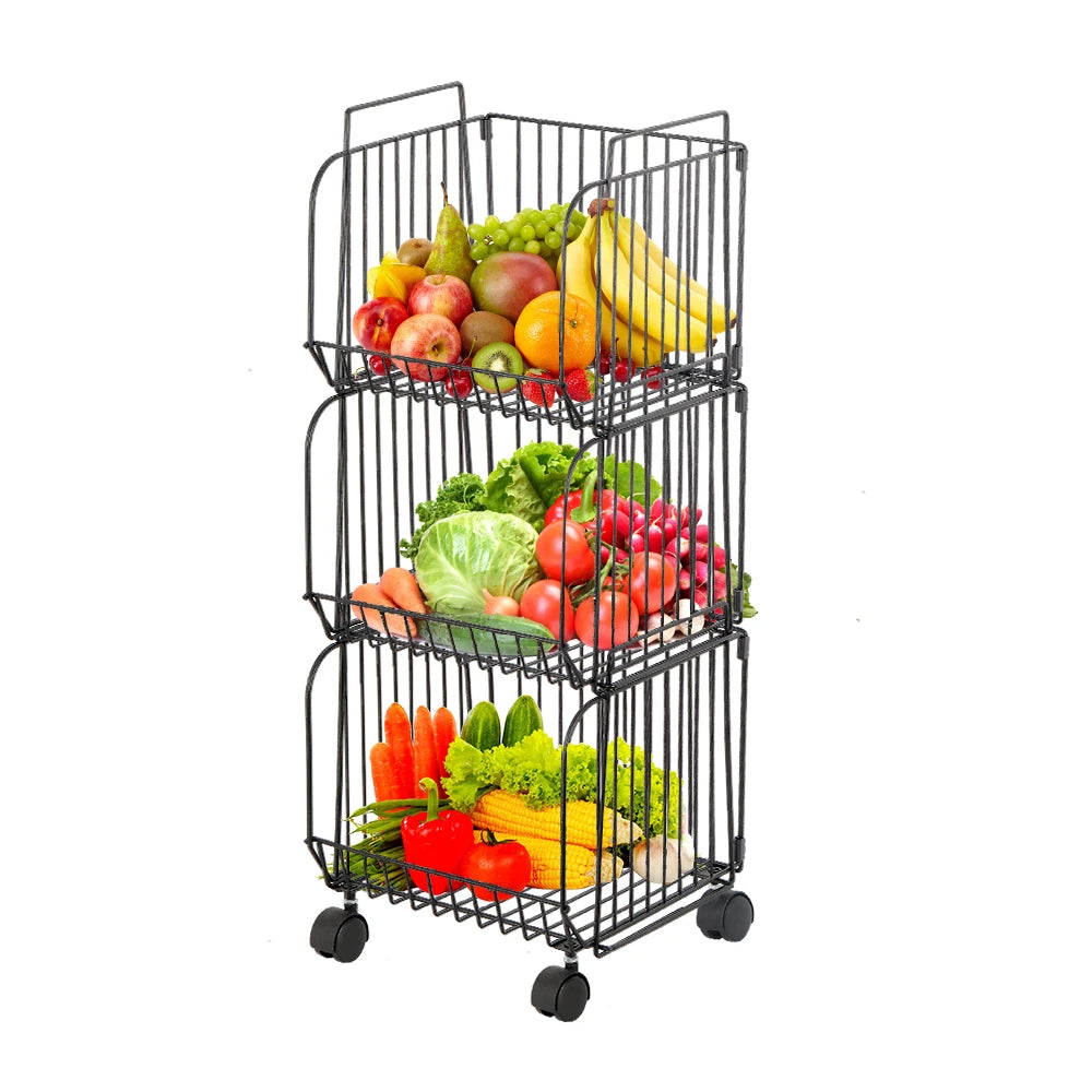 Stackable Kitchen Storage Cart 3 Tier Wheeled Fruit and Vegetable Organizer