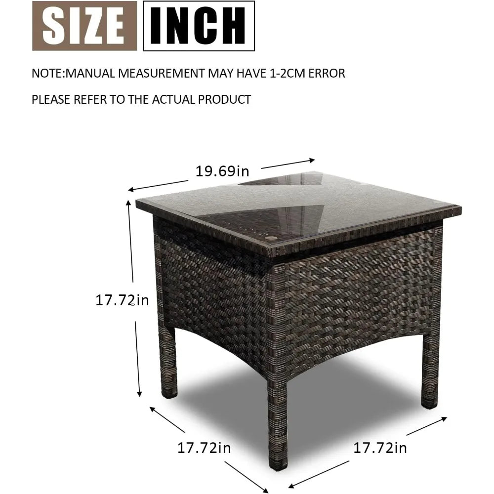Outdoor Patio Rattan Side Table With Glass Top And Storage