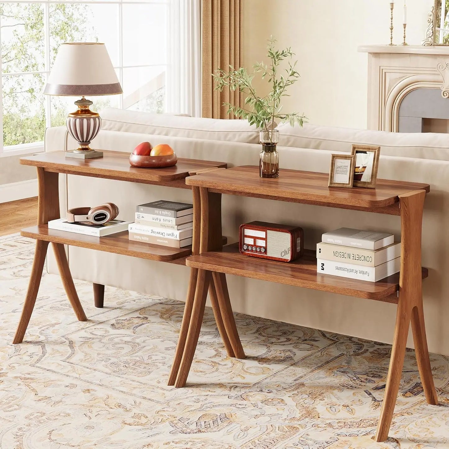 LITTLE TREE 2 Tier Side Table Living Room With Storage Shelf And Solid Wood Legs
