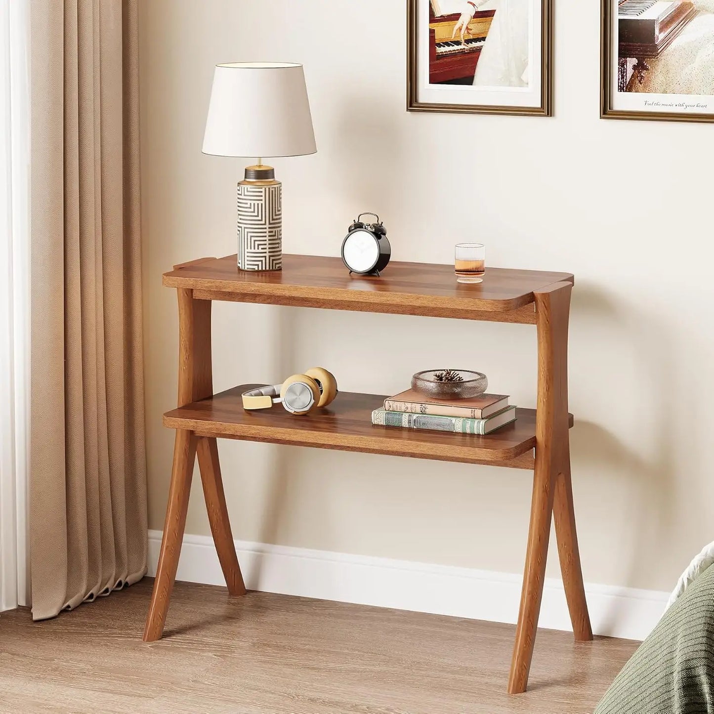 LITTLE TREE 2 Tier Side Table Living Room With Storage Shelf And Solid Wood Legs