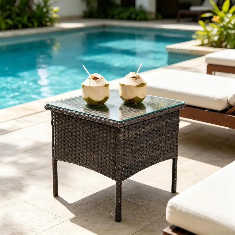 Outdoor Patio Rattan Side Table With Glass Top And Storage
