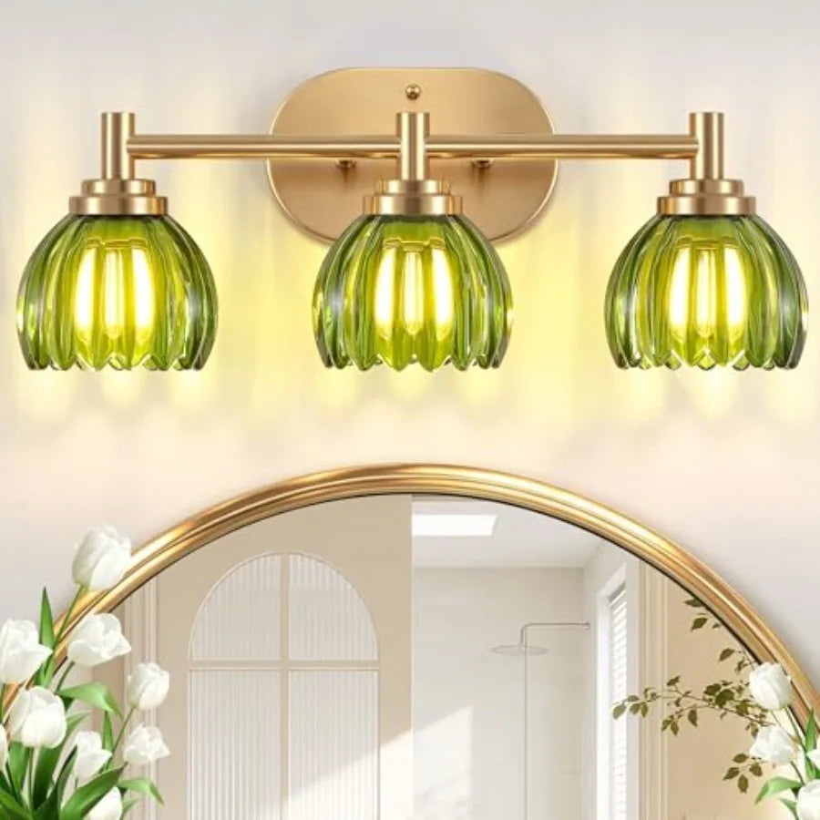 Three Light Brushed Vanity Light Fixture With Tulip Glass Shade