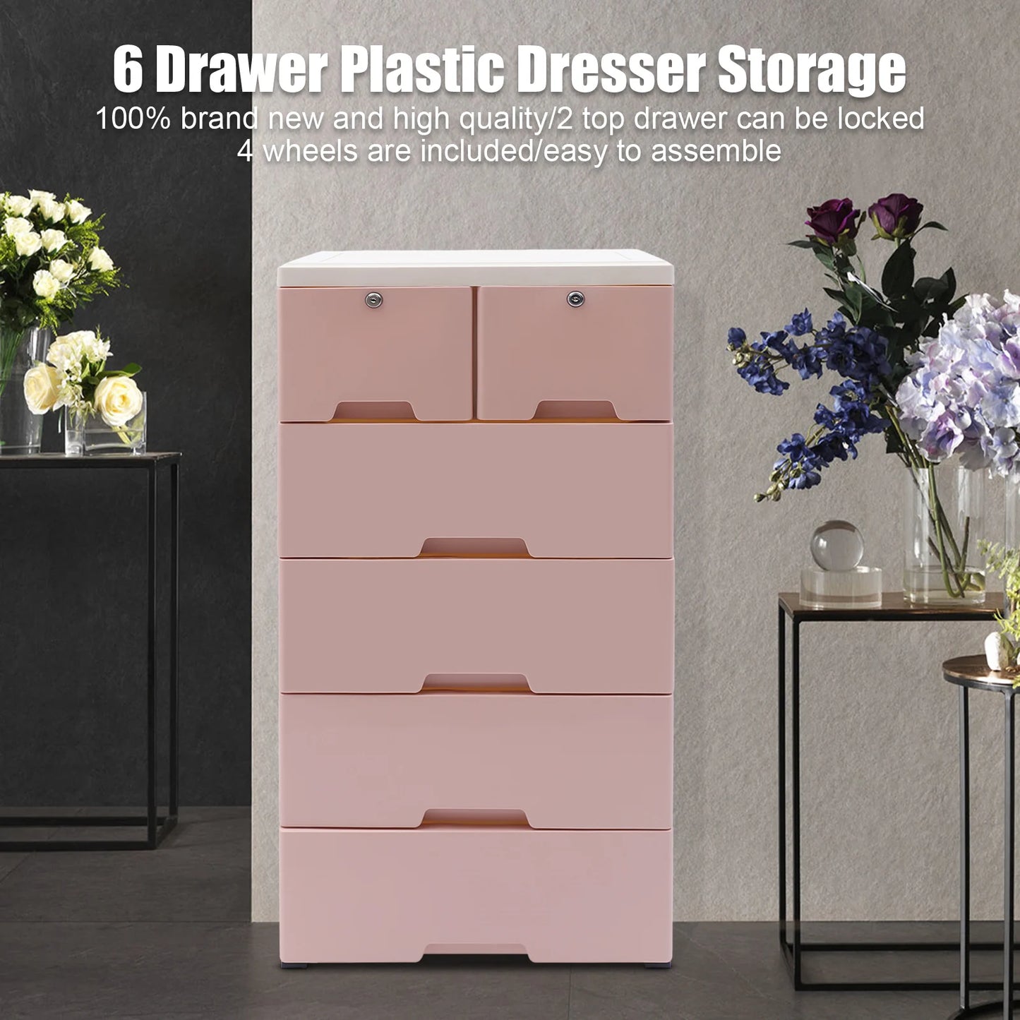 Six Drawer Plastic Dresser Storage Tower For Home Office Bedroom