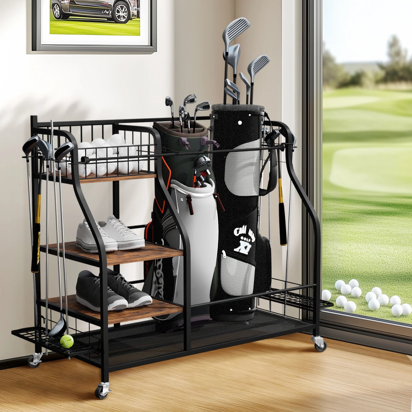 Metal Three Tier Golf Bag Storage Rack With Wheels