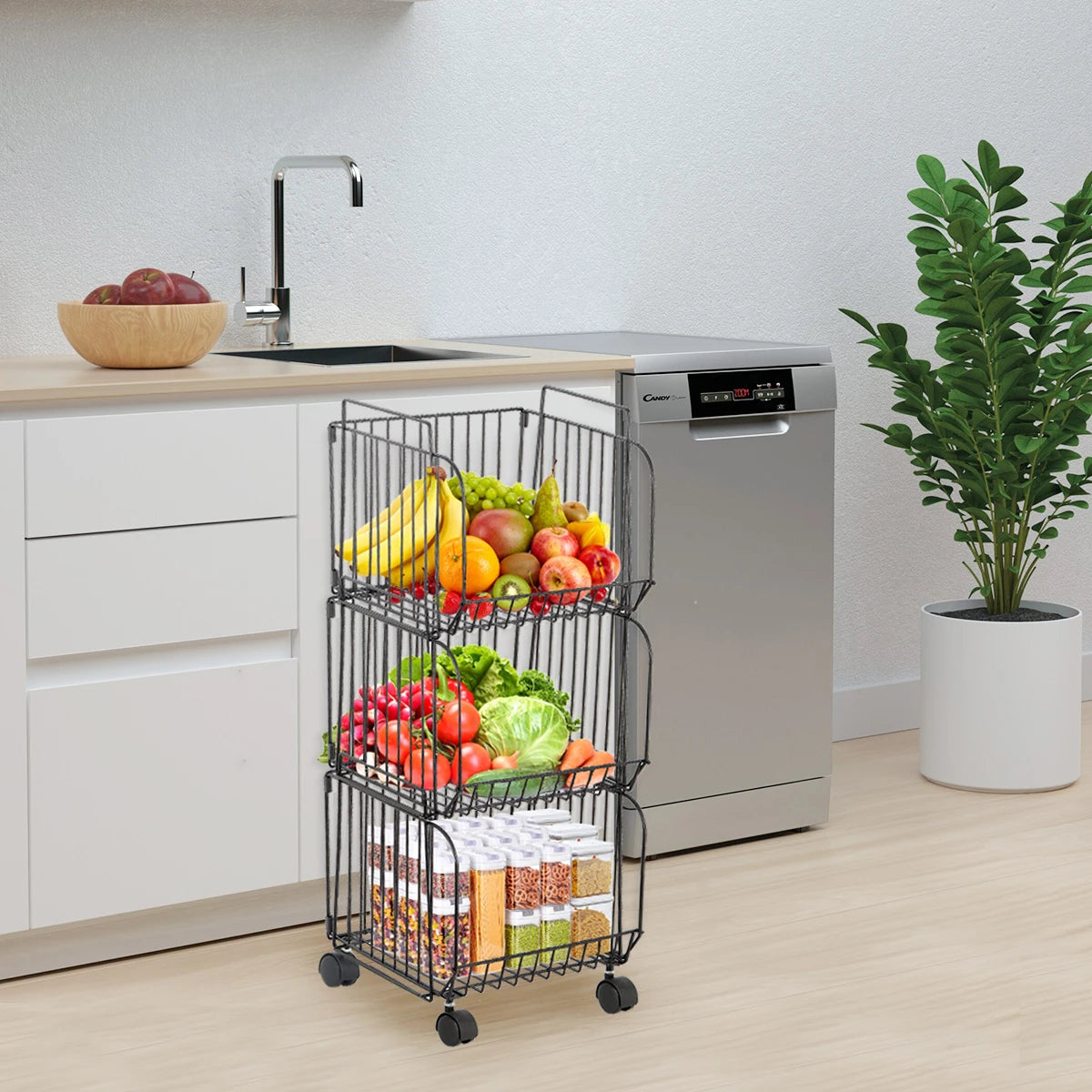 Stackable Kitchen Storage Cart 3 Tier Wheeled Fruit and Vegetable Organizer