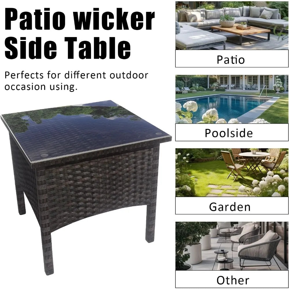 Outdoor Patio Rattan Side Table With Glass Top And Storage