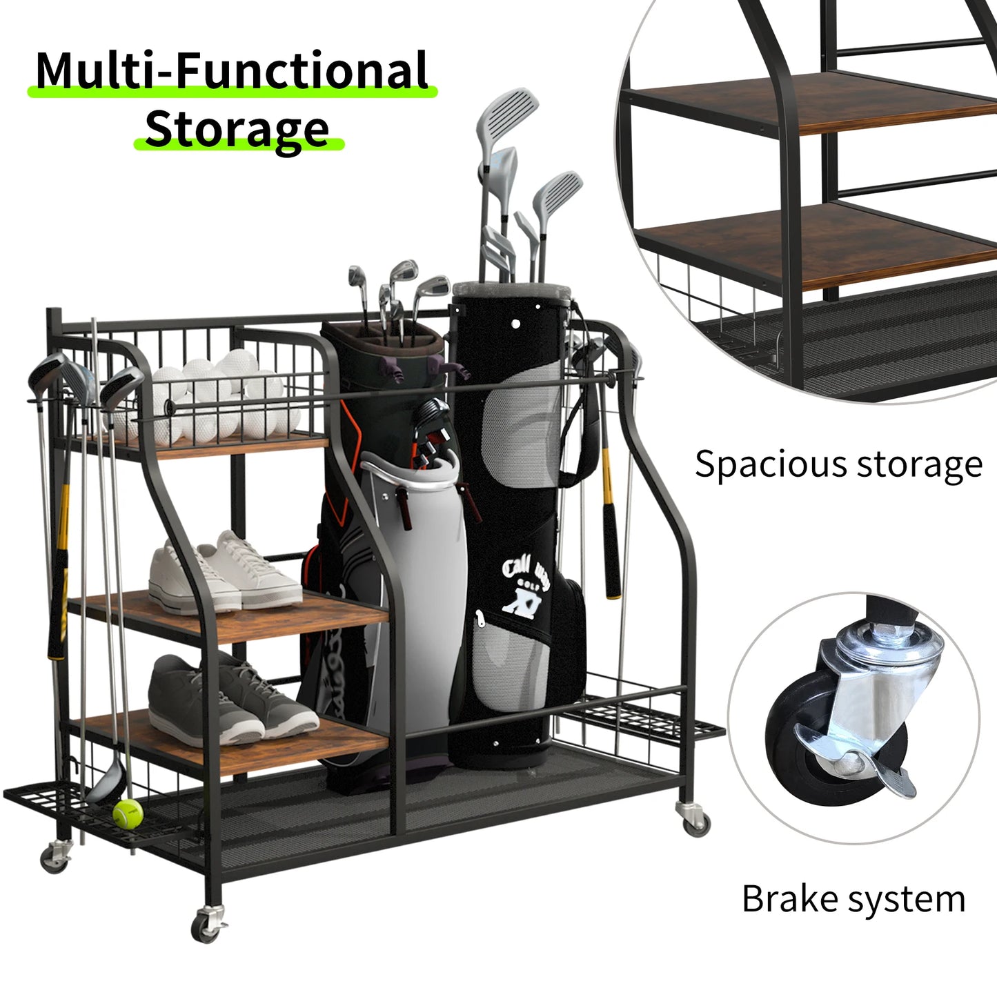 Metal Three Tier Golf Bag Storage Rack With Wheels