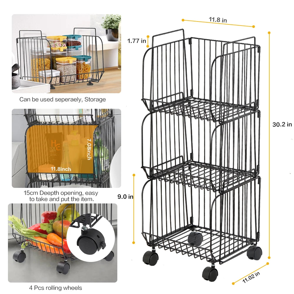 Stackable Kitchen Storage Cart 3 Tier Wheeled Fruit and Vegetable Organizer