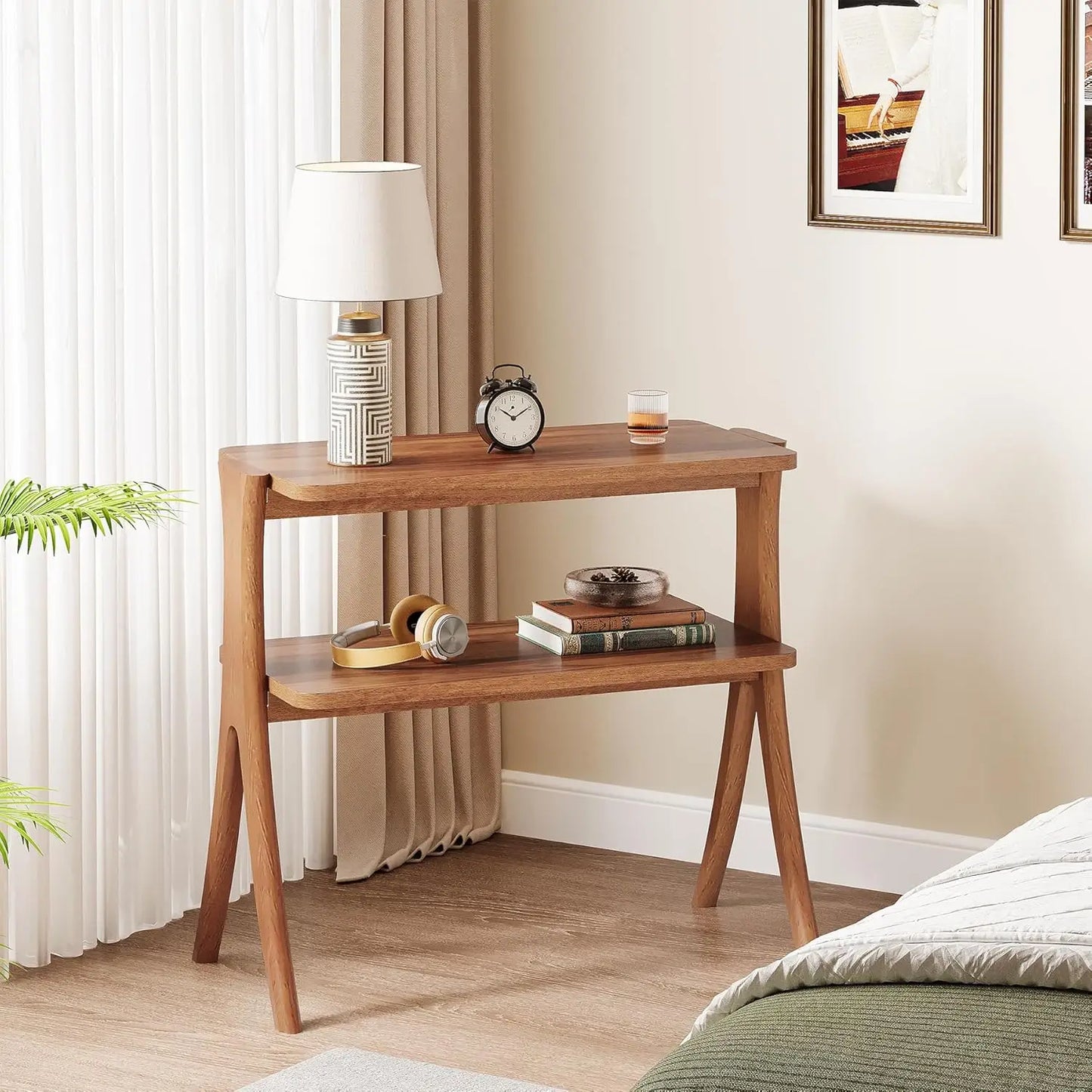 LITTLE TREE 2 Tier Side Table Living Room With Storage Shelf And Solid Wood Legs