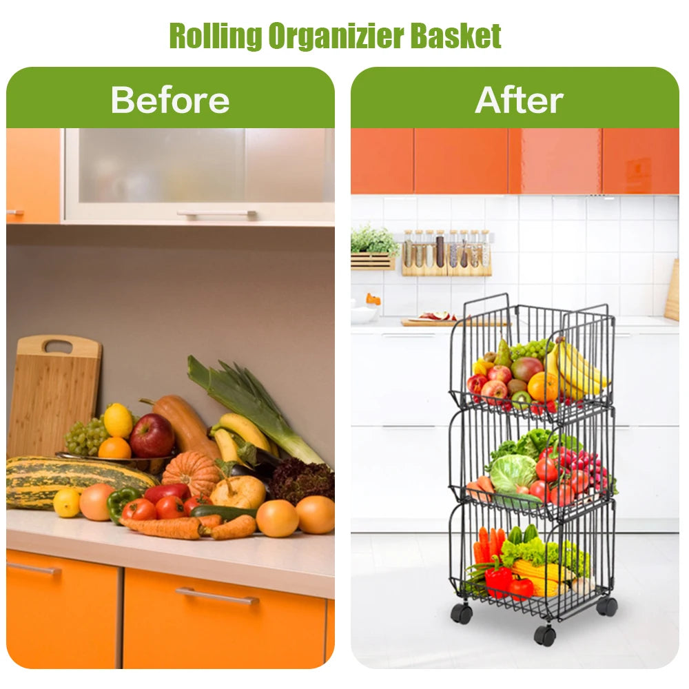 Stackable Kitchen Storage Cart 3 Tier Wheeled Fruit and Vegetable Organizer