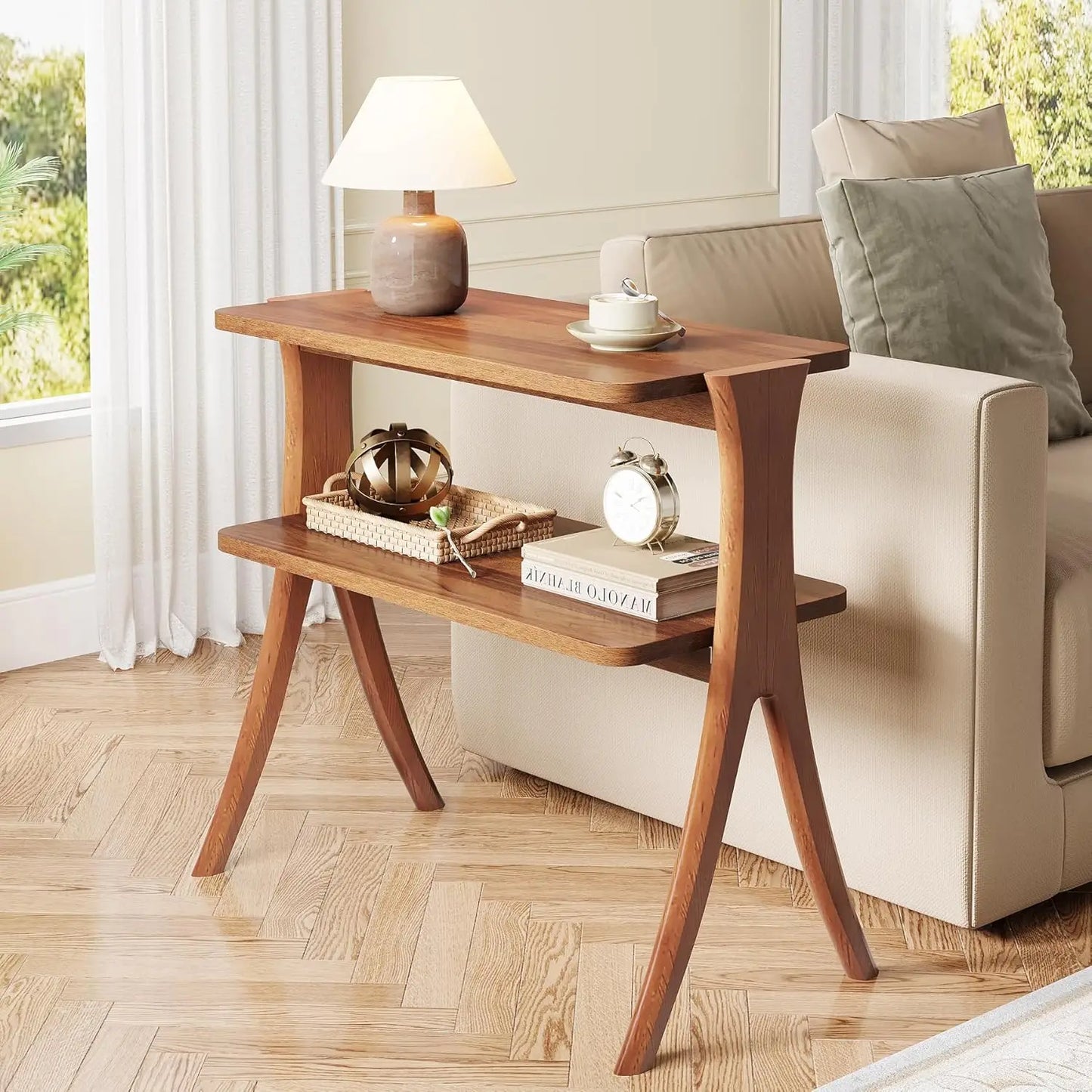 LITTLE TREE 2 Tier Side Table Living Room With Storage Shelf And Solid Wood Legs