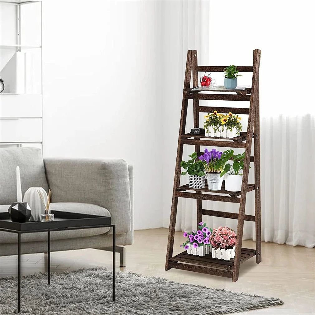 Folding Four Tier Ladder Shelf Wood Storage Rack Indoor
