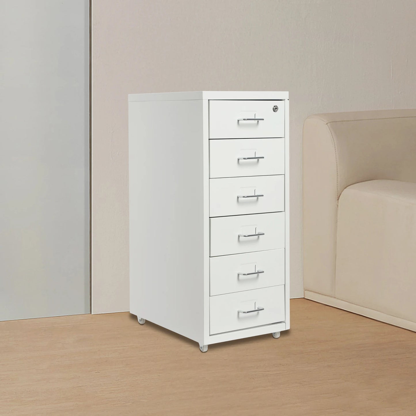 Six Drawer File Cabinet With Lock And Wheels For Office