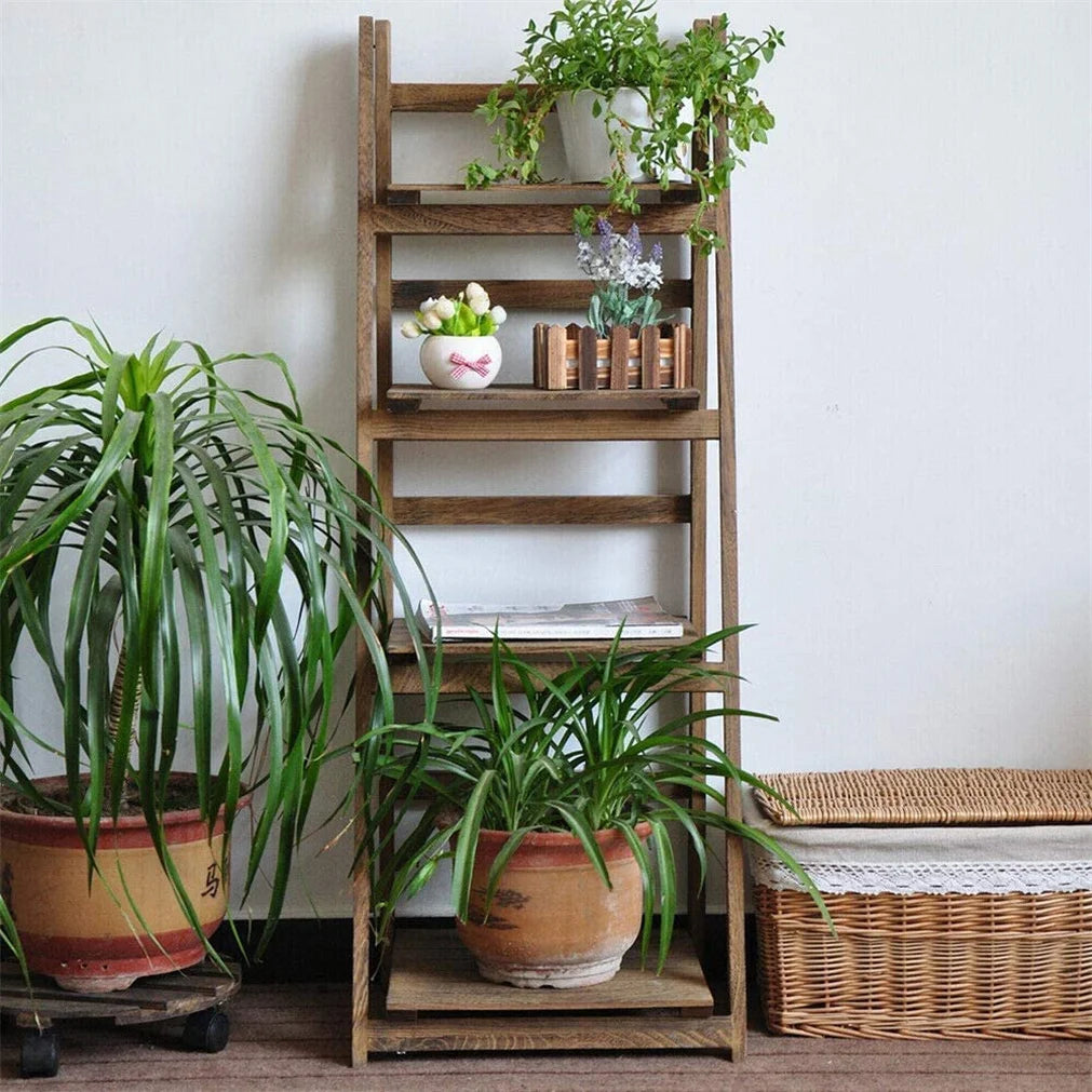 Folding Four Tier Ladder Shelf Wood Storage Rack Indoor